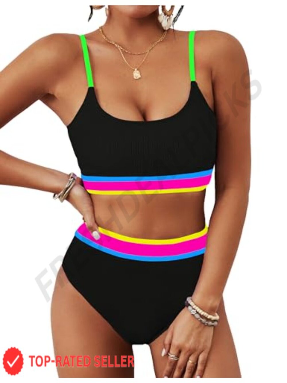 Ribbed High Waisted Bikini Set Two Piece Swimwear Adjustable Straps
